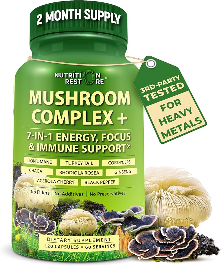 Organic Mushroom Complex: Lion's Mane, Turkey Tail, Cordyceps, Chaga, Contains Naturally Occurring Beta Glucans - Organic Energy & Immune Support Blend: Rhodiola Rosea, Ginseng & Acerola Cherry 120Ct