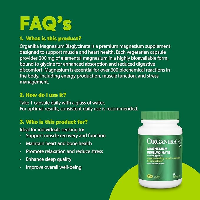 Organika Magnesium Bisglycinate 200 mg – 120 Vegetarian Capsules, Gentle on Stomach Magnesium Supplement to Support Healthy Muscle, Nerve & Bone Function