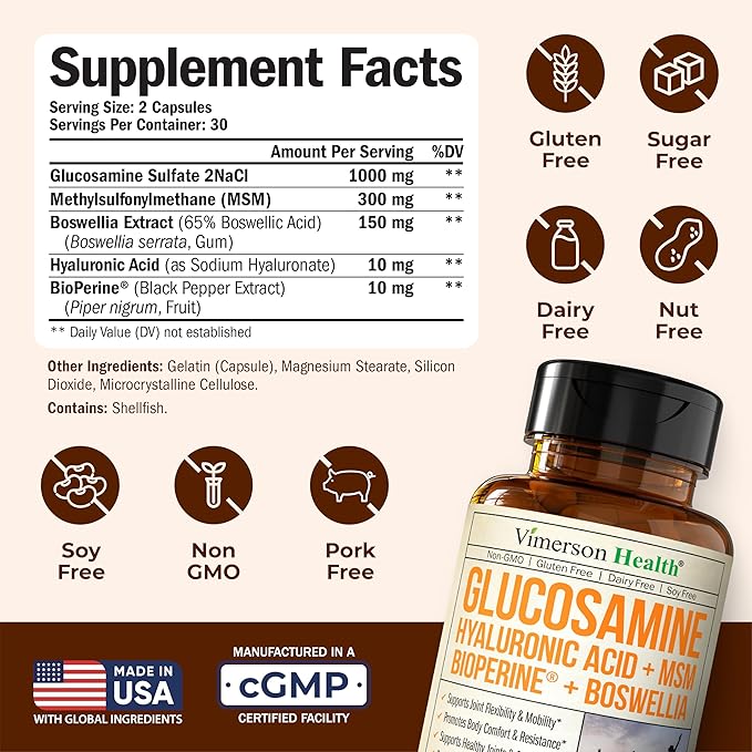 Joint Support Supplement with Glucosamine Sulfate, Hyaluronic Acid, Boswellia & MSM – Supports Joint Health, Mobility & Bone Strength – for Daily Use – FSA Eligible 60 Capsules