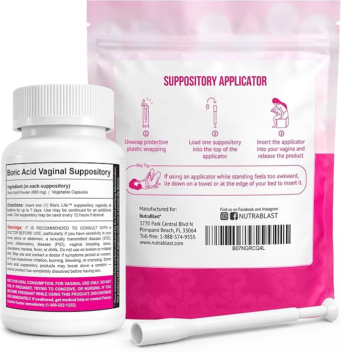 NutraBlast Boric Acid Suppositories 600mg Bundle with Applicator, 30 Suppositories & 15 Applicators - Feminine Care - Made in USA