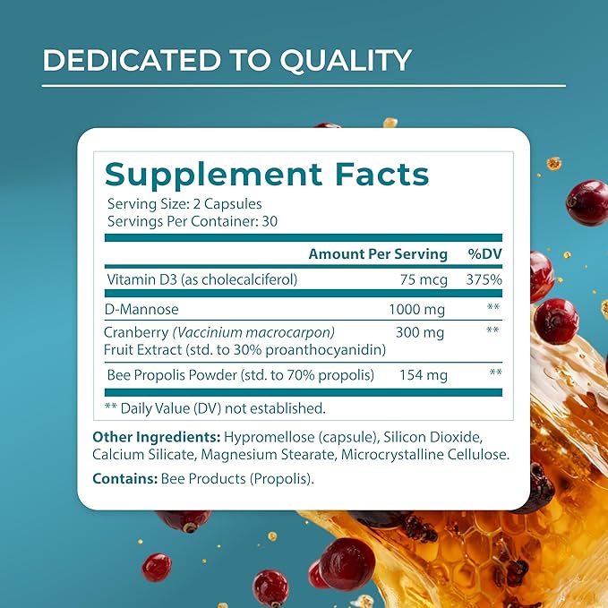 PUREHEALTH RESEARCH UT Fix - Urinary Tract Health Formula - Urinary Tract Support for Women & Men - Cranberry Supplement with D Mannose 1000mg, Vitamin D3 & Bee Propolis - 60 Capsules