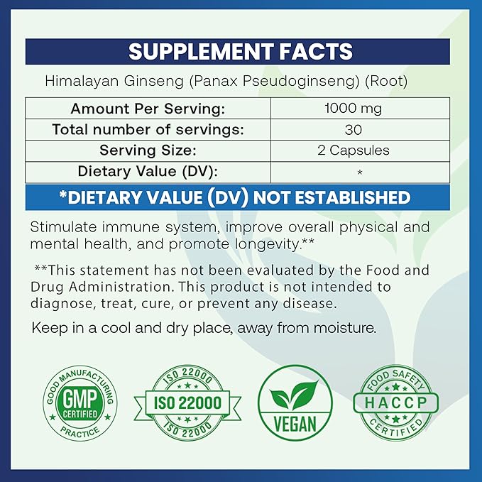 Panax Ginseng Supplement 1000mg - 60 Vegan Capsules - Korean Red Ginseng Extract Root Powder Pills for Men and Women - for Natural Energy, Focus, Immune Support, Vitality & Stamina
