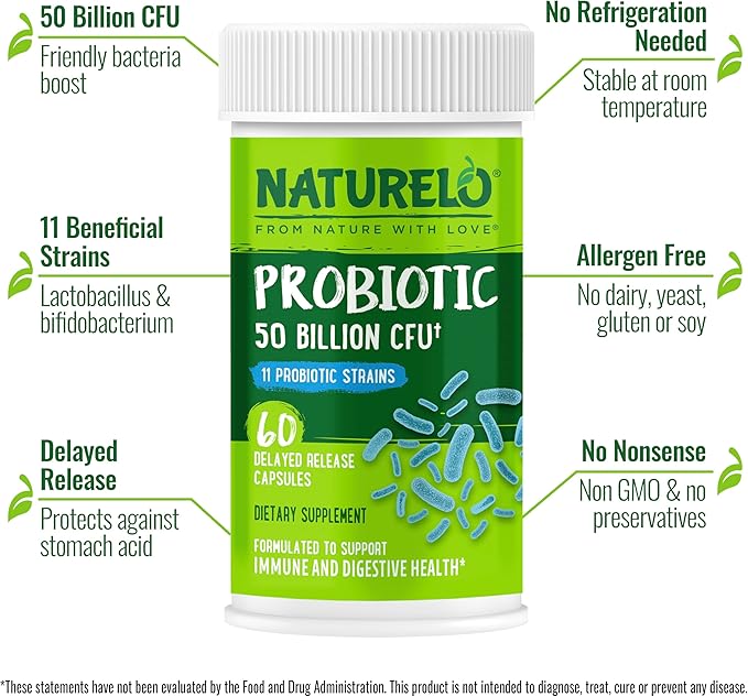 NATURELO Probiotics for Digestive Health - 50 Billion CFU, 11 Strains, Daily Use Supplement - Boosts Immune System, Delayed Release, No-Fridge, 60 Vegetarian Capsules (Pack of 2)