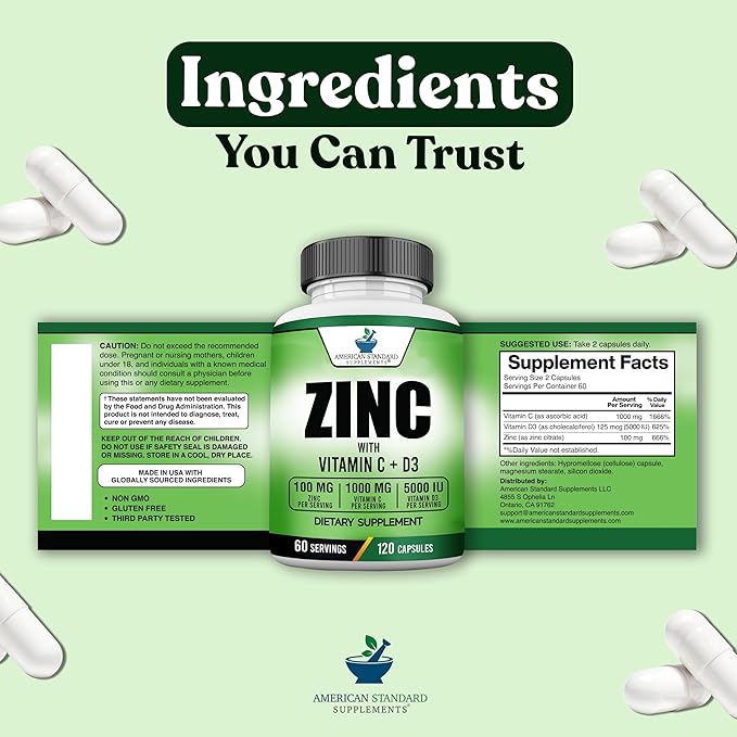 American Standard Supplements Zinc 100mg, Vitamin C 1000mg, and Vitamin D3 5000 IU (125mcg) Per Serving - Gluten Free, Non-GMO, 120 Capsules, 60 Servings
