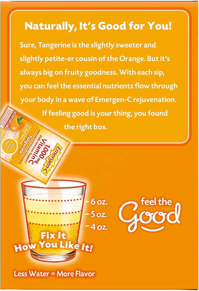 Emergen-C 1000mg Vitamin C Immune Support Powder Tangerine 30CT includes Zinc, Manganese, 7 B Vitamins and Electrolytes for Back to School Essentials