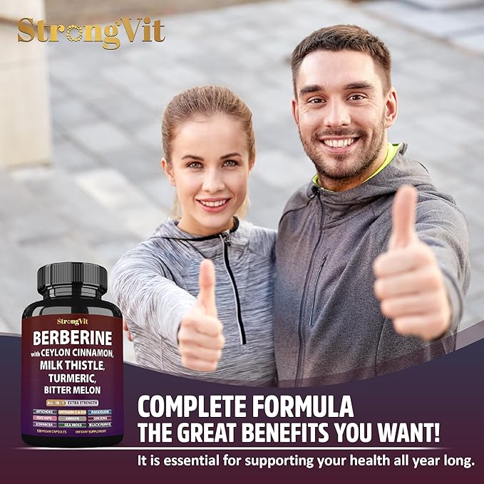 Berberine with Ceylon Cinnamon Supplement, Milk Thistle, Turmeric, Bitter Melon for Digestion, Immunity. Organic Complex for Men & Women, Non-GMO, Gluten-Free, Vegan, USA (120 Capsules)