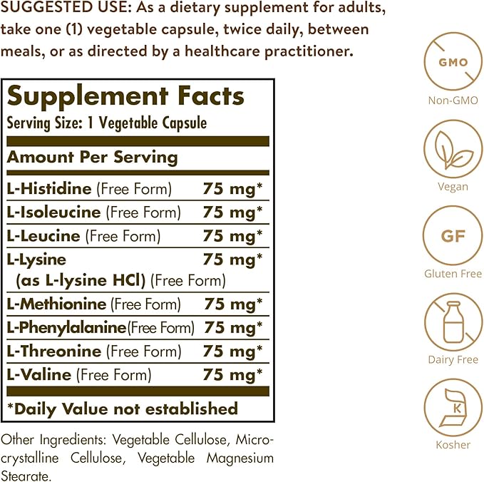 Solgar Essential Amino Complex, 90 Vegetable Capsules - Free Form Essential Amino Acids - Non-GMO, Vegan, Gluten Free, Dairy Free, Kosher - 90 Servings