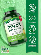 Nature's Truth Burpless Fish Oil 2400mg | 250 Softgels | 720 mg Omega 3 | Natural Lemon Flavor Pills | Non-GMO & Gluten Free Supplement