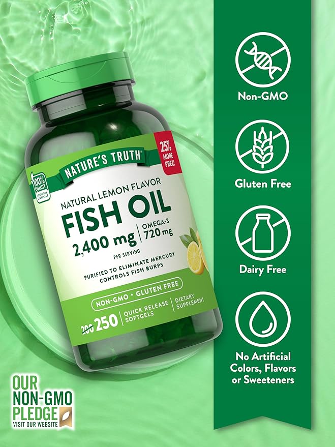 Nature's Truth Burpless Fish Oil 2400mg | 250 Softgels | 720 mg Omega 3 | Natural Lemon Flavor Pills | Non-GMO & Gluten Free Supplement