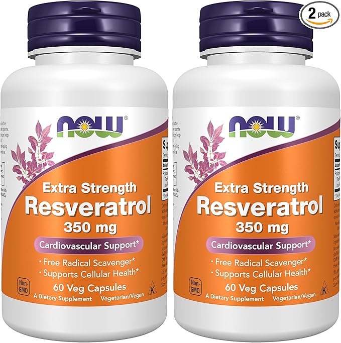 NOW Foods Supplements, Extra Strength Resveratrol 350mg, Natural Trans Resveratrol from 700 mg Japanese Knotweed Extract, 60 Veg Capsule, (Pack of 2)