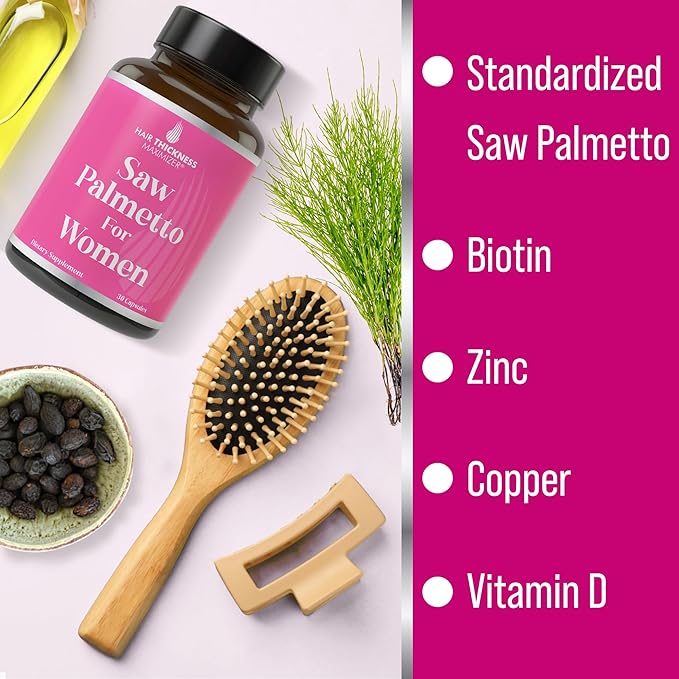 Saw Palmetto for Women + Biotin, Zinc, Copper, & Vitamin D. Women's Hair Growth Supplement. Clean, Non-GMO, Vegan Hair Vitamins with Standardized Saw Palmetto