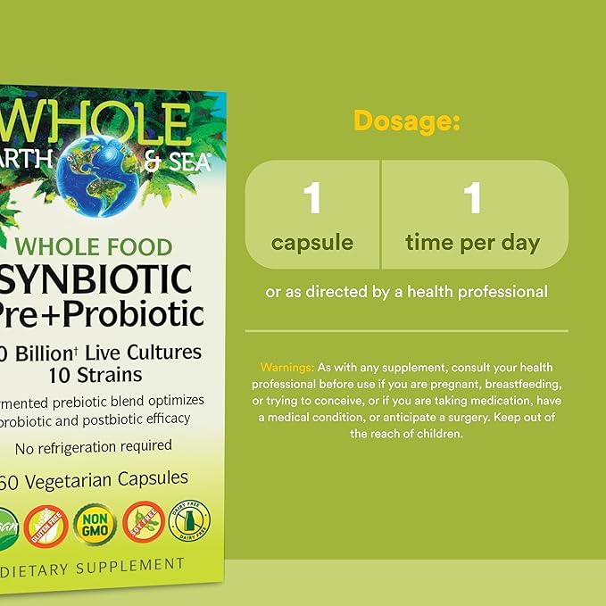 Natural Factors Whole Food Synbiotic Pre+Probiotic 10 Billion - Organic Gut & Digestive Health Supplement - Non-GMO, Gluten-Free & Dairy-Free - 60 Vegetarian Capsules (60 Servings)