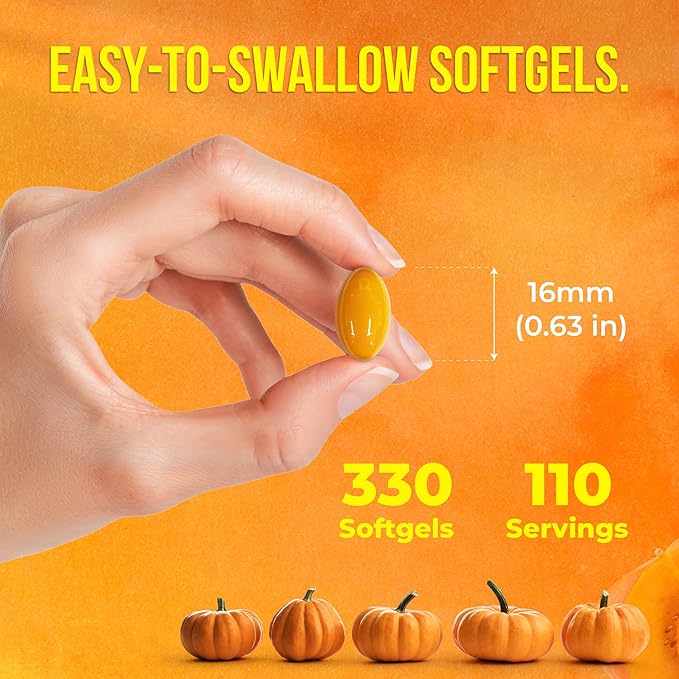 FreshDrinkUS, 330 Premium Pumpkin Seed Oil Softgels with Saw Palmetto, 3000mg Per Serving, Cold Pressed, Pure Virgin Oil, Great Hair Support, Non-GMO, Gluten-Free.