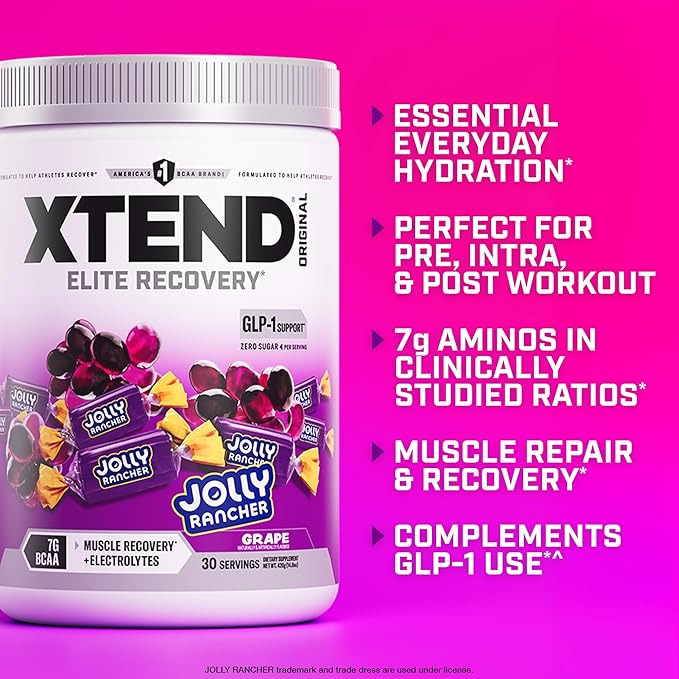 Xtend Original BCAA Powder, 7g BCAAs and 2.5g L-Glutamine for Muscle Recovery Hydration and Lean Muscle, Sugar Free Intra and Post Workout Drink with Electrolytes, Grape Jolly Rancher, 30 Servings