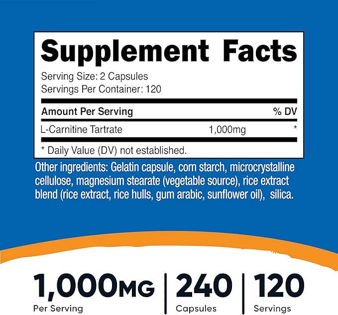 Nutricost L-Carnitine Tartrate 500mg, 240 Capsules - 1000mg Per Serving (2 Bottles)