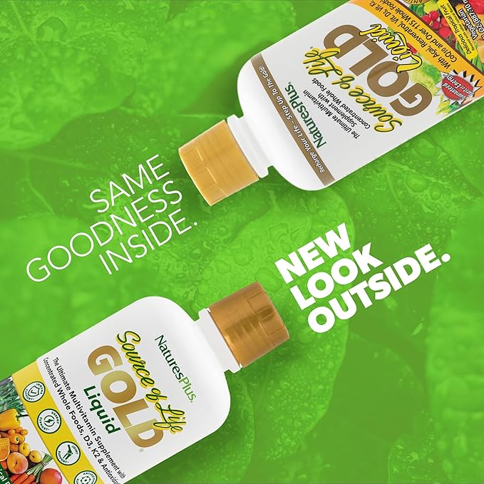 NaturesPlus Source of Life GOLD Multivitamin Liquid 30 oz - Supports Energy Production, Healthy Immune System & Well-Being - Includes Vitamins D3, B12, K2 & Over 120 Whole Food Nutrients - 30 Servings
