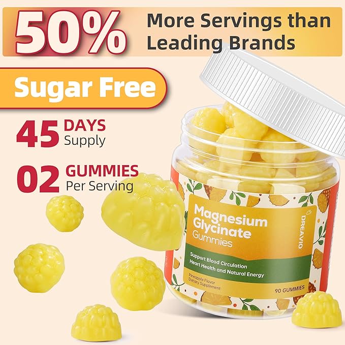 90 Count Magnesium Glycinate Gummies w/Ashwagandha Supplement - Sugar Free Zinc Magnesium Glycinate Supplement Ashwagandha Gummies for Adults Pineapple Flavor