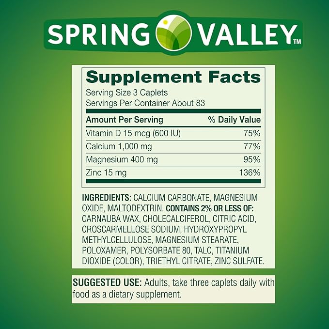 Calcium, Magnesium, Zinc Plus Vitamin D3, Dietary Supplement, 250 Count (Pack of 1)