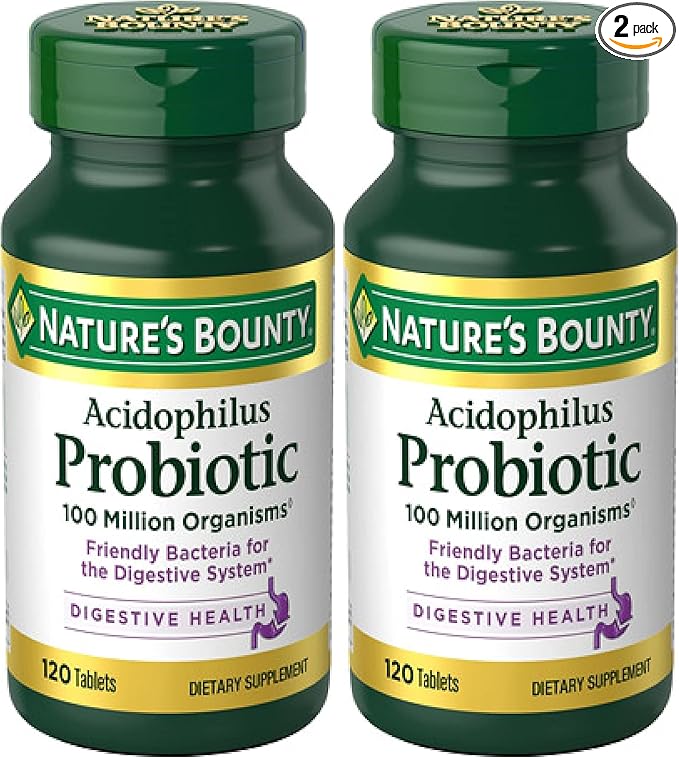 Nature's Bounty Lactobacillus Acidophilus Probiotic Supplement - Daily Probiotic for Women/Men Digestive Health,100 Million Organisms,Vegetarian,1 Serving per Day,120 Tablets,(Pack of 2)