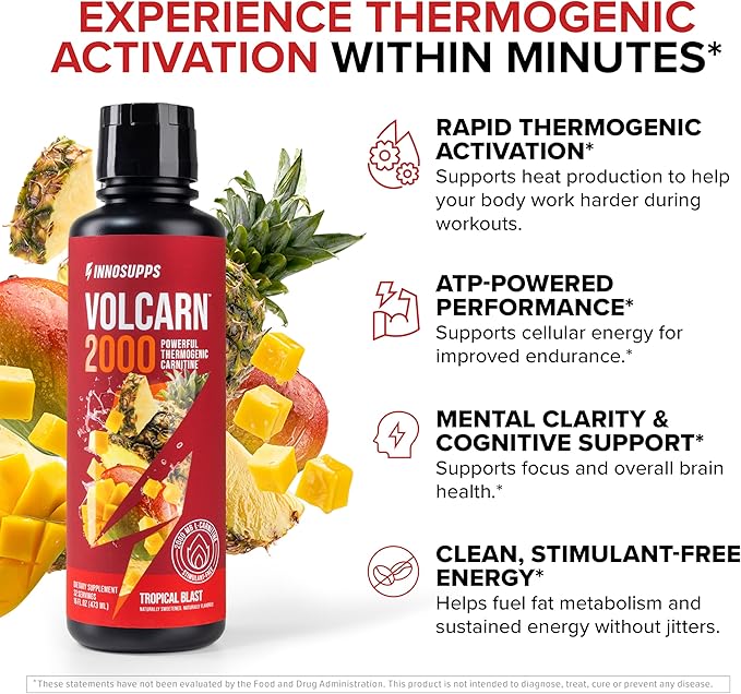 InnoSupps Volcarn 2000 - L-CARNITINE Advanced Energy Liquid | ATP Enhancer with GBEEC | Boosts Energy, Enhances Focus, Caffeine Free, No Artificial Sweeteners | 32 Servings (Tropical Blast)