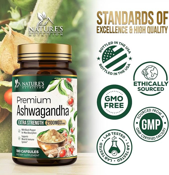 Ashwagandha Supplements - Premium Ashwagandha Capsule for Women & Men, Natural Antioxidant Support Ashwa Root Extract, Extra Strength Calm Support with Black Pepper, Vegan - USA Bottled - 180 Capsules