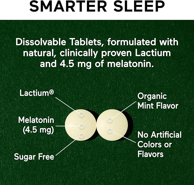 SMARTERNUTRITION Smarter Sleep Melatonin Dissolvable Tablets 4.5 mg + Natural Clinically Proven Lactium® for Sleep & Stress Support - Mint Flavor Melatonin Tablets - Non-GMO-60 Count[30-Day Supply]