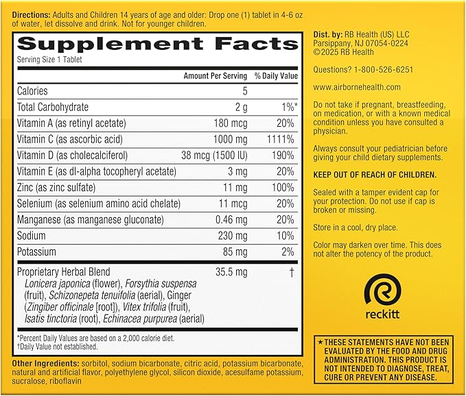 Airborne Variety Pack 1000mg Vitamin C with Vitamin D & Zinc, Sugar Free Multivitamin Immune Support Supplement, Antioxidants Vitamins A C & Vitamin E, 30 Effervescent Tablets, Citrus + Verry Berry