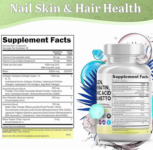 16 in 1 Collagen Supplement - Peptides Types I,II,III & V with Biotin, Keratin, Hyaluronic Acid, Saw Palmetto, Vitamins C & E, Apple Cider Vinegar & PABA - Nail Skin & Hair Health Support Capsules