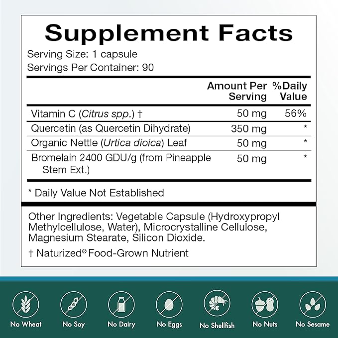 Natura Health Products Quercetin Plus Supplement - Modulates Healthy Immune and histamine Response - Featuring Bromelain, Vitamin C, Nettle Leaf & Quercetin (90 Capsules)