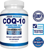Arazo Nutrition CoQ10 Ubiquinone Coenzyme Q10-200mg Per Serving Maximum Strength Nutritional Supplement - High Absorption Capsules with No Soy