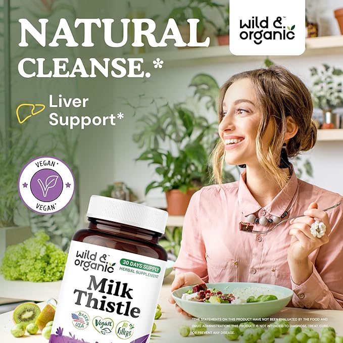 Wild & Organic Milk Thistle Capsules 1000mg - Liver Support Supplement - Silymarin Milk Thistle Powder for Liver Cleanse - 60 Vegan Capsules - 1-Month Supply - No Fillers, Non-GMO
