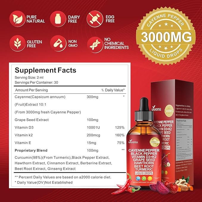 Cayenne Pepper Softgels Supplement, Supports Leg Vein, Heart and Blood Vessel Health, with Vitamin E D3+K2 and Extracts of Grape Seed, Hawthorn, Beetroot, Berberine and Others (Drops / 1 Bottle)