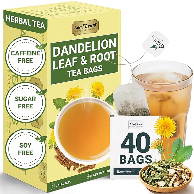LeafLea Dandelion Root and Leaf Tea Bags, 40 Count, Roasted Dandelion Root Tea Blend, Natural Herbal Tea for Digestion & Wellness, Te de Diente de Leon, Individually Wrapped, Caffeine-Free, No Sugar