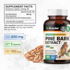 BIO KRAUTER® Pine Bark Extract for Circulatory & Antioxidant Support - Vegan French Maritime Pine Bark Herbal Supplements - Natural Antioxidants & Skin Support - 400 mg per Serving, 100 Сapsules