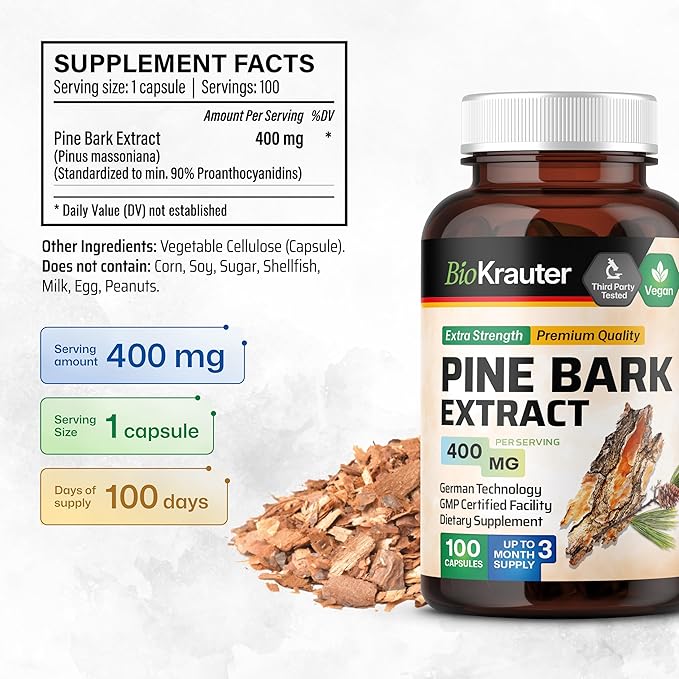 BIO KRAUTER® Pine Bark Extract for Circulatory & Antioxidant Support - Vegan French Maritime Pine Bark Herbal Supplements - Natural Antioxidants & Skin Support - 400 mg per Serving, 100 Сapsules