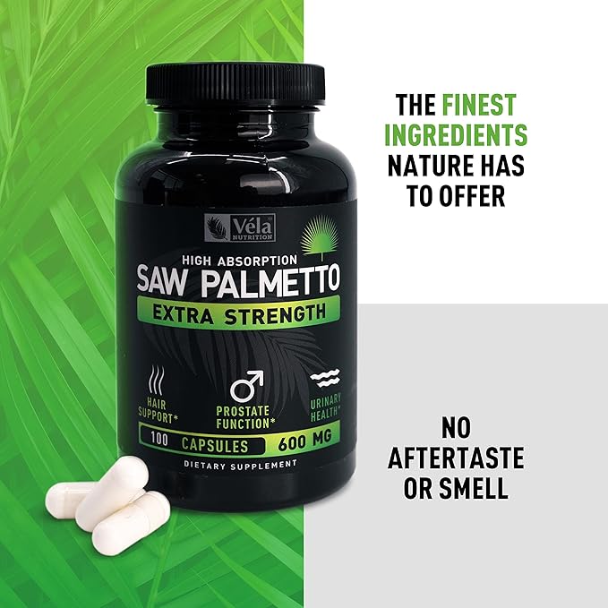Saw Palmetto Capsules 600mg for Men & Women - Extra Strength DHT Blocker Supplement Capsules - Prostate & Hair Loss Support - 25% Fatty Acids, Bioperine - 100 Count