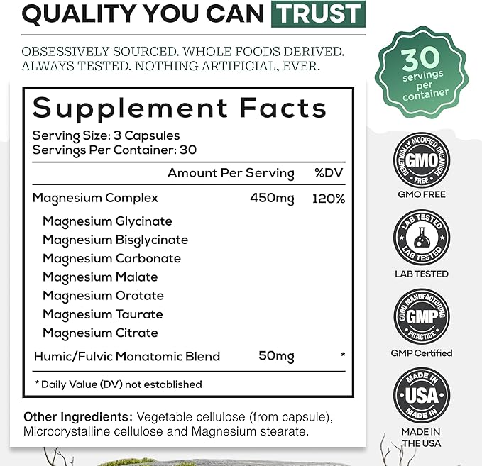 Wild Foods Magnesium Complex Supplement with 7X Forms | High Absorption, Full Spectrum, Easy Digestion | 500mg Glycinate, Bisglycinate, Malate, Orotate, Citrate, Taurate | 90 Capsule (Pack of 3)