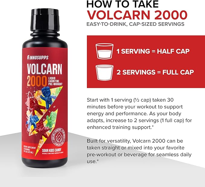 InnoSupps Volcarn 2000 - L-CARNITINE Advanced Energy Liquid | ATP Enhancer with GBEEC | Boosts Energy, Enhances Focus, Caffeine Free, No Artificial Sweeteners | 32 Servings (Sour Kids Candy)