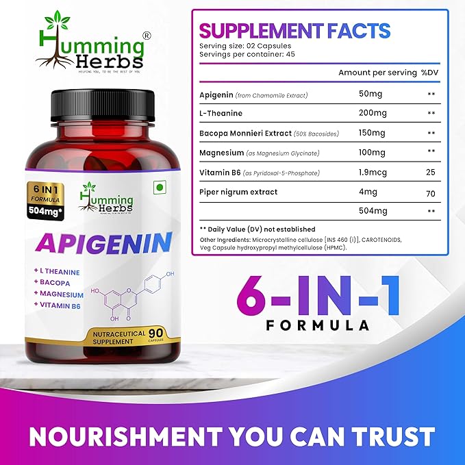 Humming Herbs Apigenin 504mg 6-in-1 Brain & Wellness Supplement with L-Theanine, Bacopa, Magnesium, Vitamin B6, Piper Nigrum – 90 Vegan Capsules