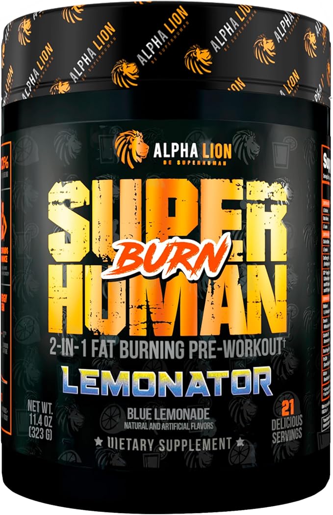 ALPHA LION Superhuman Burn – 2 in 1 Metabolism Booster Pre Workout and Thermogenic Fat Burner for Men – Appetite Suppressant and Weight Loss Supplement (21 Servings, Lemonator)