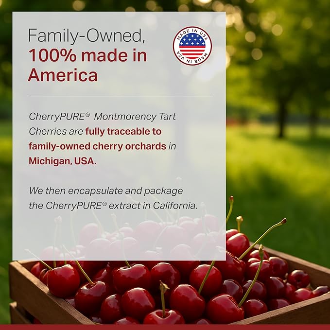 Montmorency Tart Cherry, Non GMO, Capsules - CherryPure 50:1 Concentrate eq. 25,000 mg - Antioxidants & Flavonoids, Tart Cherry Extract for Gout & Muscles - 30 Veggie Capsules - 1 Month Supply