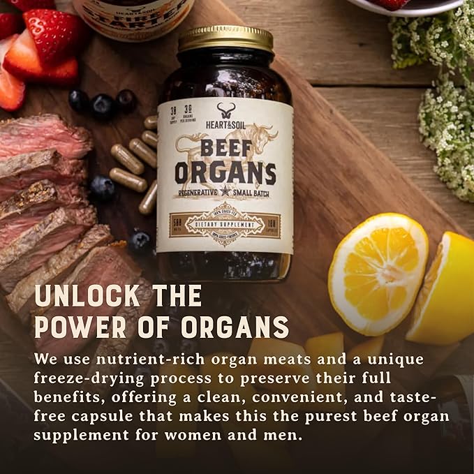 HEART & SOIL – 100% Grass Fed & Finished Beef Organs from Regenerative Cattle with Liver, Heart, Kidney, Pancreas & Spleen – 3000mg Beef Organ Supplement for Women & Men – Glass Bottle – 180 Capsules