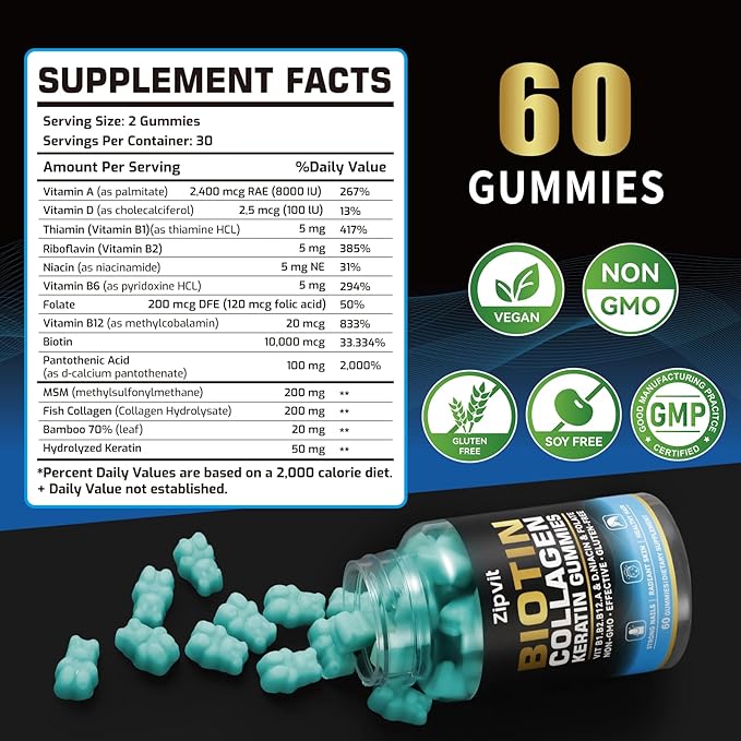 zipvit Biotin Collagen Gummies – Hair Skin and Nails Vitamins for Women & Men – Hair Growth Vitamins: B1, B2, B3, B6, B7, Collagen, Keratin, Vitamin A & D – Hair Growth Supplement – 60 Gummy Bears