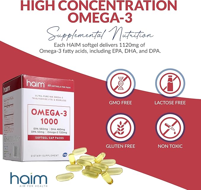 HAIM Omega-3 1000 Fish Oil Softgels — 1120mg Omega-3 with EPA DHA Fatty Acids — Burpless, Odorless, No Fishy Smell — Triple Strength Concentrated Supplement — Nutritional Softgels — 60 Count