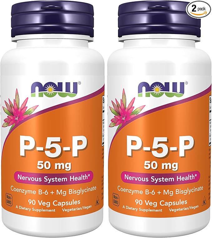 NOW Foods Supplements, P-5-P 50 mg with Coenzyme B-6 + Mg Bisglycinate, 90 Veg Capsules, (Pack of 2)