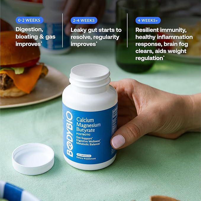 BodyBio Butyrate - Postbiotic for Gut Health, Digestive Support, Bloat, Gas & Constipation Relief, Leaky Gut Repair - Calcium, Magnesium + Butyric Acid Supplement for GI Wellness