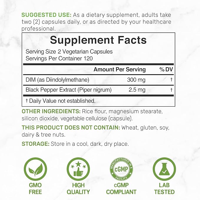 DIM Supplement 300mg, 240 Caps, 4 Months Supply | Estrogen Balance for Men & Women | Diindolylmethane Plus Black Pepper Extract for Enhanced Absorption