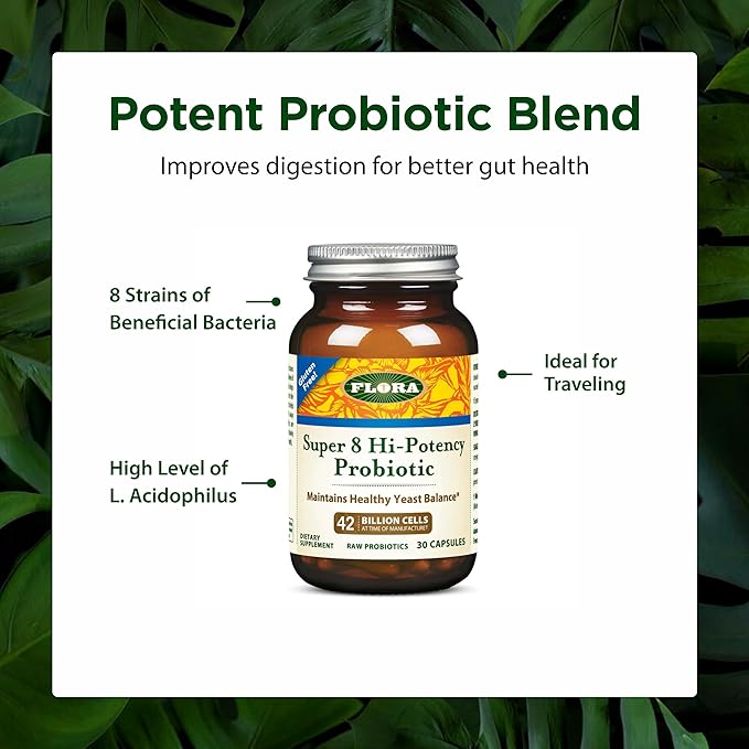 Flora Super 8 Hi Potency Probiotics 30 Count - Healthy Yeast Balance & Digestive Health - for Men & Women - 42 Billion CFU, Raw, Gluten Free - Up to 1 Month Supply