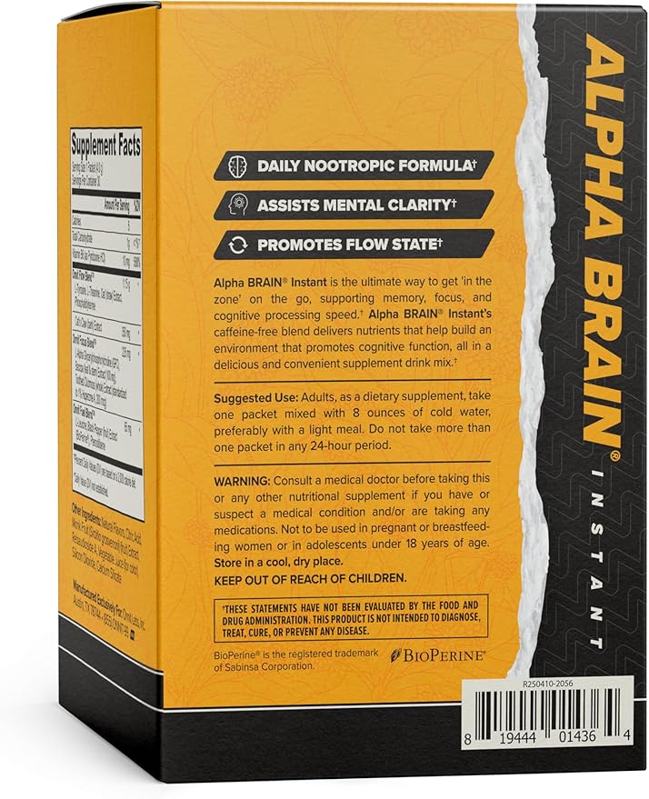 ONNIT Alpha Brain Instant Cognitive Support Drink Mix, Nootropic Supplement for Focus, Memory and Clarity, Peach Flavor, 0.13 oz Packets, 30 Count