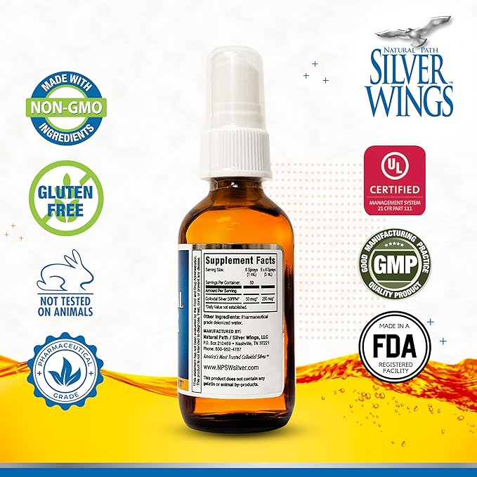 Natural Path Silver Wings Colloidal Silver Liquid - Daily Immune Support Supplement - 50ppm (250mcg) - 2 fl oz Spray